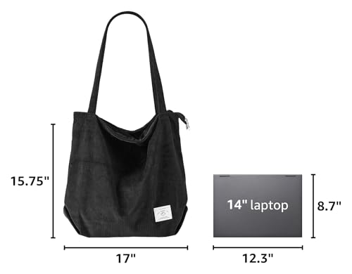 KALIDI Women Corduroy Tote Bag Zipper Casual Tote's Handbag Big Capacity Shoulder Bag with Pockets - color: Black