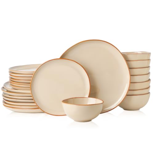 Stoneware Dinnerware Sets for 8, Reactive Glaze Plates and Bowls, Beige - color: Beige, size: Service for 8-24Pcs