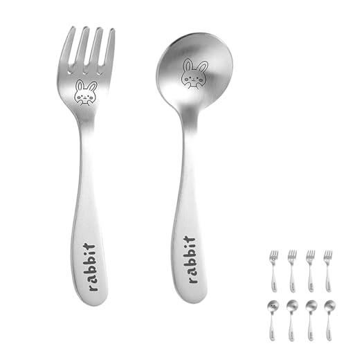 Stainless Steel Dessert Spoon and Fork Set - 2pcs Mini Utensils for Espresso, Ice Cream, Dessert, and More Available in Dinosaurs, Pandas, Rabbits, Cats, and Pigs (Rabbits) - color: Rabbits