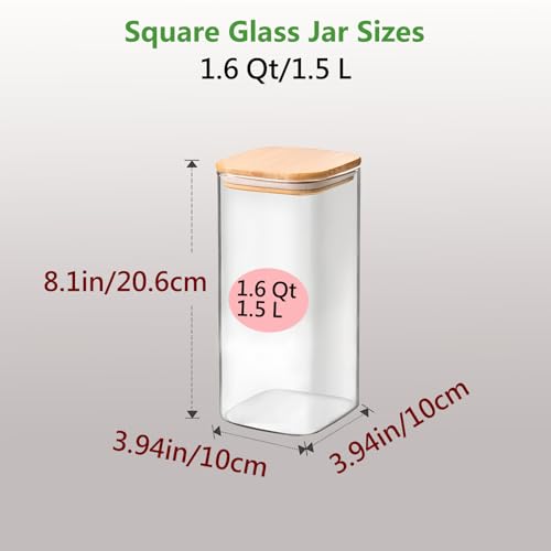 1.6 Qt Square Glass Storage Containers with Lids, Clear Food Storage Container Jar with Sealing Bamboo Lid for Noodles Flour Cereal Rice Sugar Tea Coffee Beans (Square-3Pack) - size: Square 1.6 Qt -3Pack