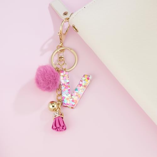 Resin Alphabet Initial Letter Keychain Keyring for Women Purse Handbags With Fur Ball Pom - color: Deep Pink Fur Ball Letter V