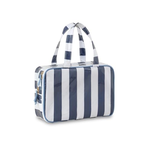 Toiletry Bag for Women, White and Navy Stripe - color: White-Navy