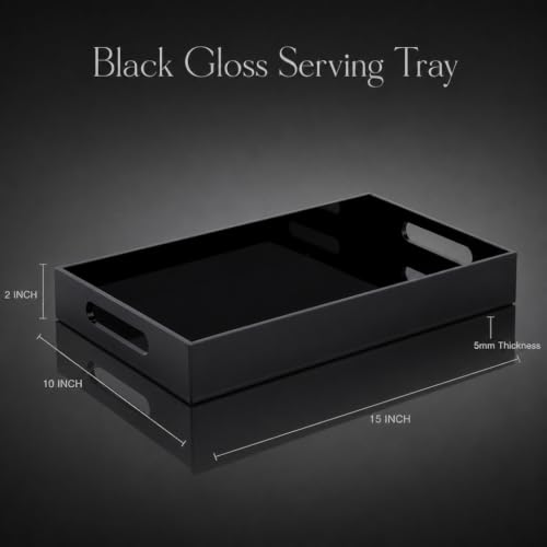 Black Tray 15x10” with Cut Handles - Large Plastic Tray for Ottoman Coffee Table, Kitchen, Office & Serving Guests - Modern Countertop Organizer & Ideal Decorative Tray - color: Black, size: 15" x 10" x 2"