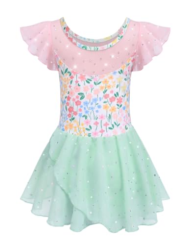 Zaclotre Girls Ballet Leotards Ruffle Sleeve Sparkle Dance Leotard - color: Aqua Pink Floral, size: 6-7 Years
