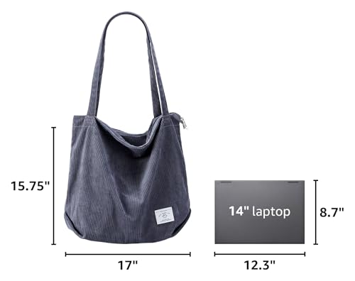 KALIDI Women Corduroy Tote Bag Zipper Casual Tote's Handbag Big Capacity Shoulder Bag with Pockets - color: Grey