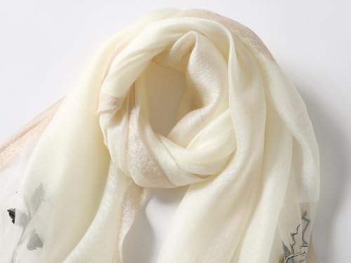 Jeelow Long Silk Blend Embroidered Floral Shawl Scarf Wrap for Women - color: White Flowers