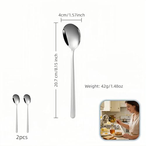 Stainless Steel Long Handle Spoons, Mirror Polished, 8.15 Inch, Set of 2, Dishwasher Safe, for Rice, Soup, Dessert