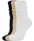 AugRing Women's Scrunch Crew Socks Retro 3-Pack Solid Cotton Boot Calf Chunky Ribbed Cozy Slouchy Socks Size 5-11 - color: White/Black/Beige