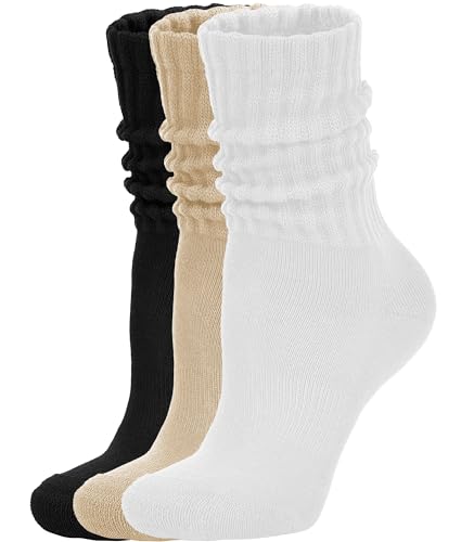 AugRing Women's Scrunch Crew Socks Retro 3-Pack Solid Cotton Boot Calf Chunky Ribbed Cozy Slouchy Socks Size 5-11 - color: White/Black/Beige