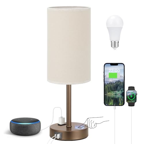 Fenmzee 17.4" Brown Lamp for Bedroom - Dimmable Touch, USB A+C, AC Outlet - color: Beige - Brown, size: 17.4"