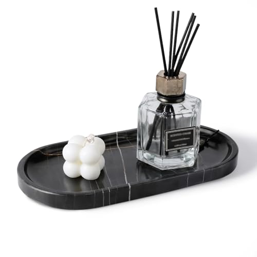 Koville Black Marble Vanity Tray for Bathroom Countertop, 10"x5" Natural Marble Catchall Tray Perfume Trays for Dresser, Stone Jewelry Dish Candle Holder for Home Decor, Stone Oval Trays - color: Noiraziza Black