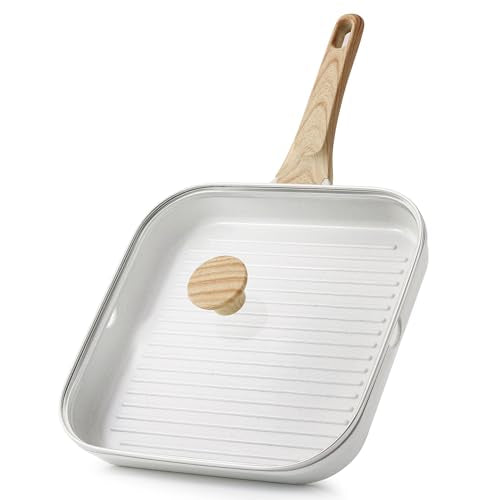 SENSARTE Nonstick Ceramic Grill Pan with Lid, Grill Pan for Stove Tops, Square Grilling Pan with Pour Spouts, Durable Grill Skillet for All Stoves, Steak Bacon Pan, Non Toxic PTFE,PFAS,PFOA Free - color: White Ceramic, size: 11 Inch