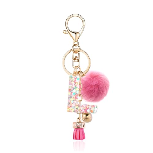 Resin Alphabet Initial Letter Keychain Keyring for Women Purse Handbags With Fur Ball Pom - color: Deep Pink Fur Ball Letter L