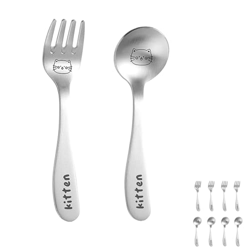 Stainless Steel Dessert Spoon and Fork Set - 2pcs Mini Utensils for Espresso, Ice Cream, Dessert, and More Available in Dinosaurs, Pandas, Rabbits, Cats, and Pigs (Cats) - color: Cats