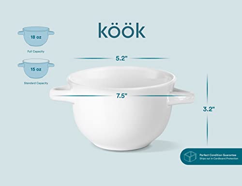 KooK French Onion Soup Crocks with Lids & Handles, Set of 4, Marshmallow - color: White