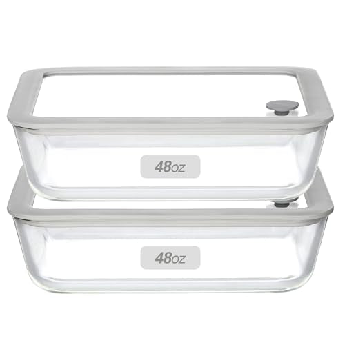 Glass Food Containers with Glass Lid, Microwave Safe Food Storage Container Set, 2 Pack of 48oz, Large Size Meal Prep Storage Set with Airtight Leak Proof Lid. - color: Grey-2RS