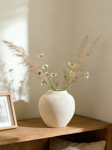 Ceramic Flower Vase Home Decor - Small Farmhouse Table Vases Rustic Vintage Living Room Kitchen Bedroom Decorations for House Book Shelf Office Coffee Desk Dining Fireplace (6" Rustic) - color: White, size: 6 In