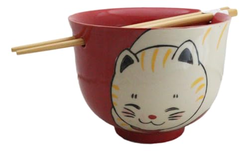 Ebros Gift Artistic Donburi Ramen Udon Noodles Soup Salad 5" D 18Oz Bowl With Bamboo Chopsticks And Built In Rest Set Asian Dining Kitchen Accent (Red Chubby Kitty Cat) - color: Red Chubby Kitty Cat