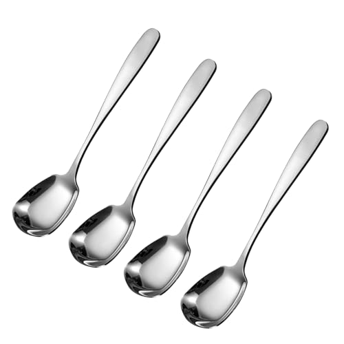 Square Head Soup Spoons, Korean Style Thick Heavy Square Dessert Spoon,Long Handled Stainless Steel Soup Spoons Table Spoons Flat Square Spoon,Set of 4,7 Inches.