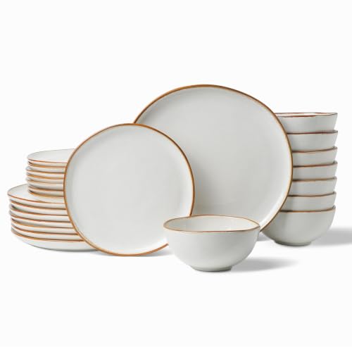 Stoneware Dinnerware Sets for 8, Reactive Glaze Plates and Bowls, White - color: White, size: Service for 8-24Pcs