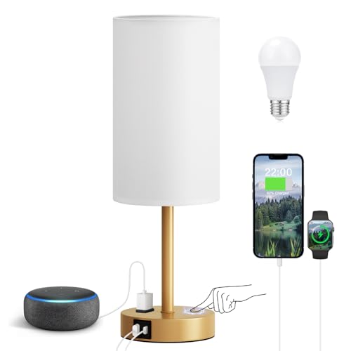 Fenmzee 17.4" Gold Lamp for Bedroom - Dimmable Touch, USB A+C, AC Outlet - color: White - Gold, size: 17.4"
