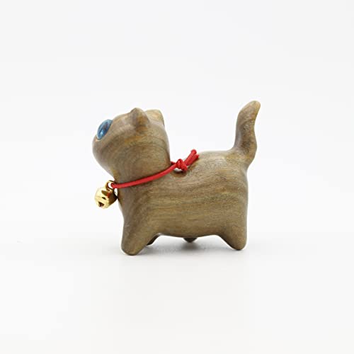 Green Sandalwood Hand Carved Wood Cat, Kitten & Treasure Cat Sandalwood Sculpture Gift & Home Decor Figurine - color: Green