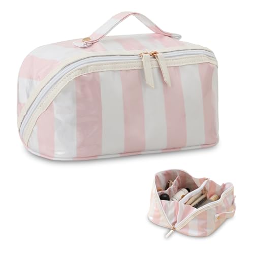 DYSHAYEN Travel Makeup Bag, White and Pink Striped - color: White-Pink