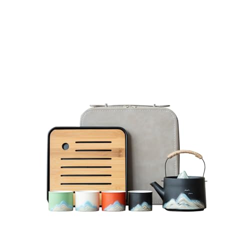 Chinese Tea Set – Black Porcelain Gongfu Teapot with 4 Colors Cups & Tea Tray & Tea Strainer, Travel Tea Set with Carrying Case for Tea Ceremony, Daily Tea Ritual, Asian Style Gift - color: Black Teapot & 4-Color Teacups