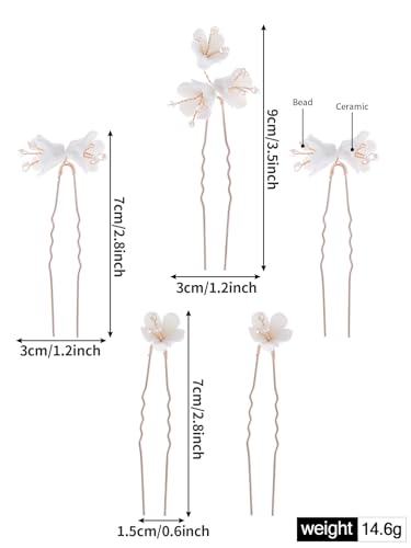Handmade Pearl Bridal Wedding Hair Pins 6Pcs White Ceramic Flowers Gold Leaf Pearls Clips Wedding Hair Accessories for Women Brides Bridesmaid (Set-D-Gold) - color: Set-D-Gold