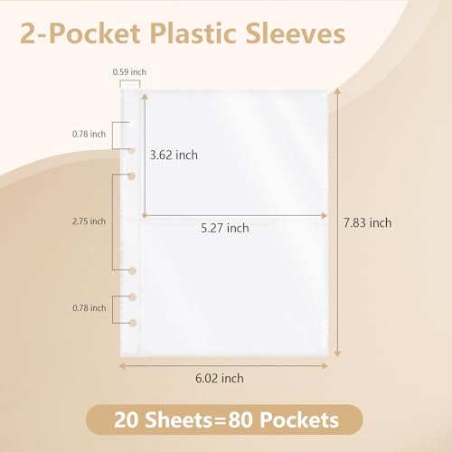 20 Sheets Clear Binder Sleeves Pockets Inserts A5 6 Ring, 2-Pocket