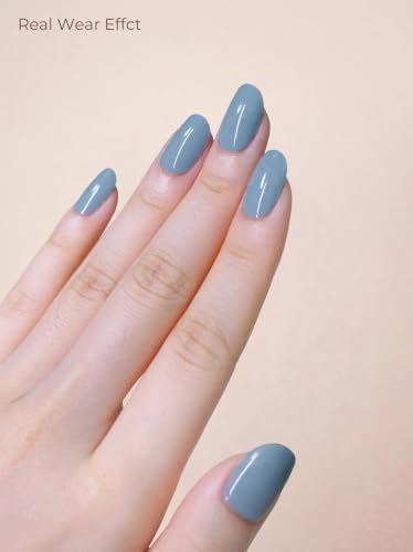 Real Gel Nail Strips (No UV Light Needed) - 44Pcs Salon Quality Nail Stickers - Long Lasting Polish Wraps for Women, Easy Apply & Remove (Moss Blue) - color: Moss Blue