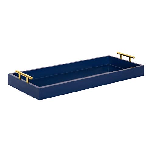 Kate and Laurel Lipton Narrow Decorative Tray with Polished Metal Handles, 10" x 24", Navy Blue and Gold, Chic Accent Tray for Display and Storage - color: Blue