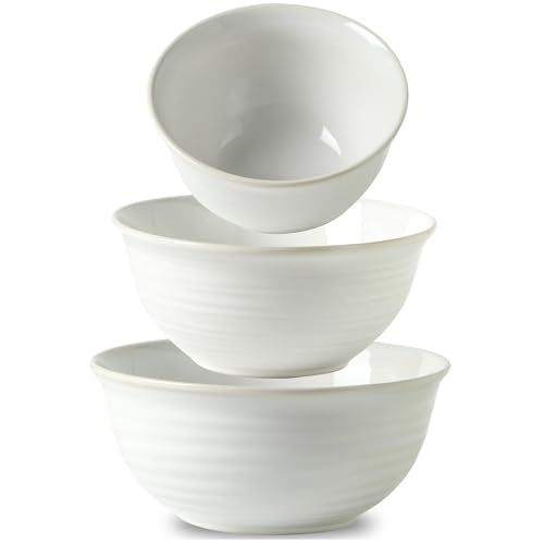 Hasense Mixing Bowls, Ceramic Serving Dishes for Cooking, Baking, Prepping, Nesting Bowls for Salads, Fruit, Popcorn, 2.1/1.5/1.0 Qt, Dishwasher & Microwave Safe, Clay-Infused White - color: Clay-Infused White, size: 40+65+84 Ounce