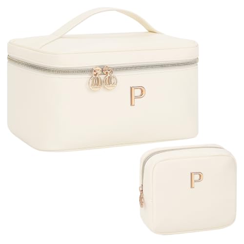 Custom Initial Cosmetic Bag 2‑Piece Set for Women Teen Girls, Beige P - size: P