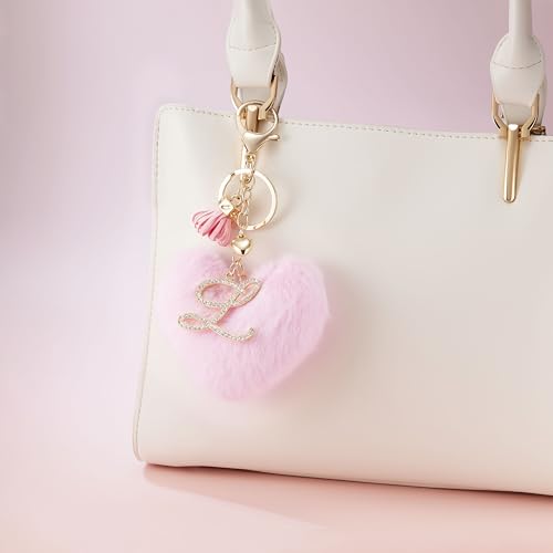 Initial Letter Heart Pom Pom Keychain for Women Pink Soft Fluffy Ball Key Ring for Purse Backpack Handbag - color: L