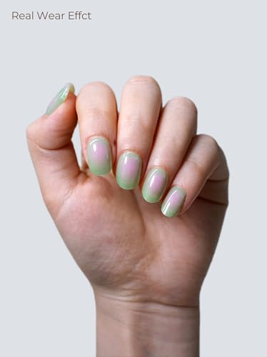 Real Gel Nail Strips (No UV Light Needed) - 44Pcs Salon Quality Nail Stickers - Long Lasting Polish Wraps for Women, Easy Apply & Remove (Morning Meadow) - color: Morning Meadow Green