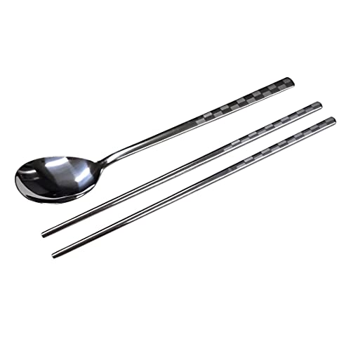 GARASANI Korean Traditional Cutlery Stainless Steel Spoons and Chopsticks Set (Silver Check) - color: Silver Check