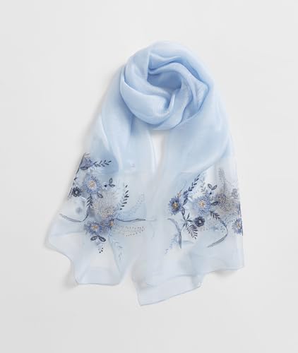 Jeelow Long Silk Blend Embroidered Floral Shawl Scarf Wrap for Women - color: Sky Blue Flowers