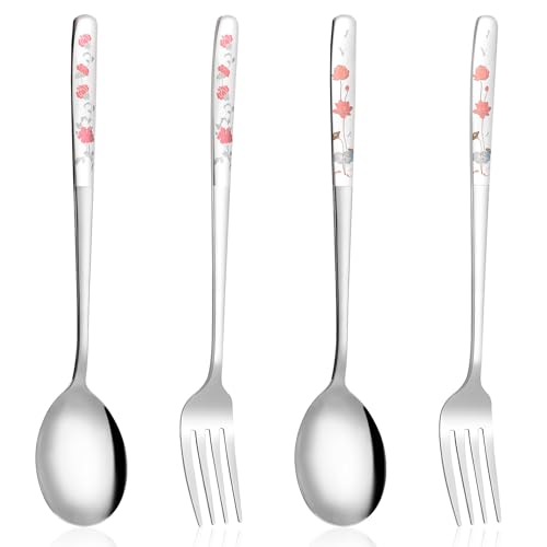 4PCS Korean Forks and Spoons Set, Korean Utensil Set with Long Handles Salad Forks and Soup Spoons Stainless Steel Silverware sets for Coffee, Desserts Dishwasher Safe