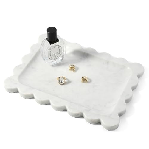 Koville Scalloped Marble Tray, 11"x8" Marble Vanity Tray for Countertop Bathroom Kitchen Dresser, Natural Stone Tray for Jewelry Perfume Home Decor, Decorative Catchall Trays(Bianco Carrara) - color: Bianco Carrara, size: 11" x 7.9" x 0.7"