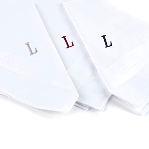 Initial Handkerchief for Men, Monogrammed Boxed 3 Piece Set,100% Cotton - color: L Initial