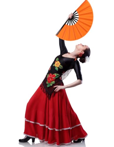 2 Pack Large Folding Hand Fan for Men/Women, Rave Fan Vintage Retro Fabric Fans, Chinese Kung Fu Tai Chi Hand Fan for Festival, Dance, Gift, Performance, Decorations (Orange) - color: 2 Orange