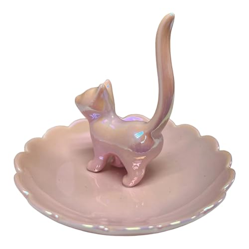 ROSA&ROSE Cat Ring Holder Trinket Tray Ceramic Jewelry Dish Decorative Ring Holder/Trinket Tray Engagement Wedding Birthday Gifts for Women Her(Pink) - color: Pink