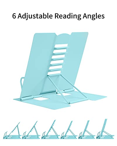 MSDADA Desk Book Stand Metal Reading Rest Book Holder Adjustable Cookbook Documents Holder Portable Sturdy Bookstands for Recipes Textbooks Tablet Music Books with Page Clips (Light Lake Green) - color: Light Lake Green