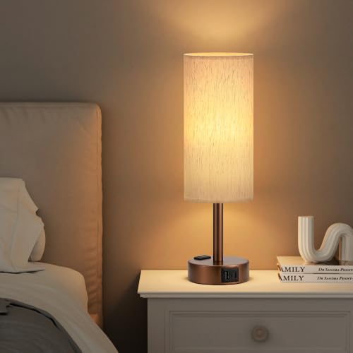 Fenmzee Brown Bedside Lamp for Bedroom, Dimmable Touch, USB A+C, AC Outlet - color: Cream - Brown, size: 14"