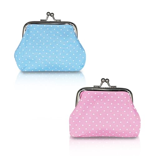 2Pcs Polka Dot Coin Purse for Women, Small Change Purse Kiss Lock Coin Wallet (White+Rose Pink, Blue+Pink) - color: Blue+Pink