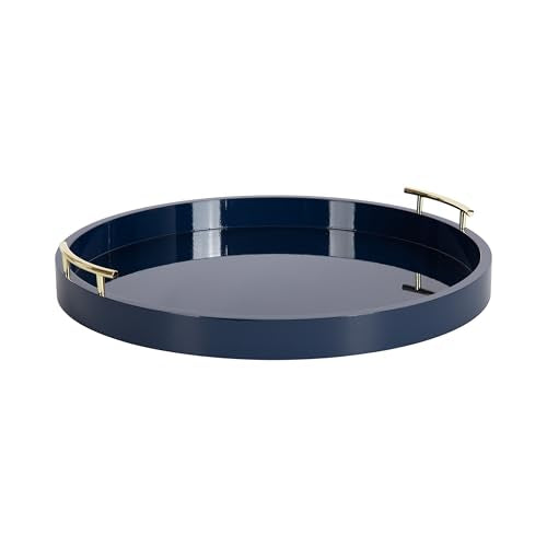 Kate And Laurel Lipton Modern Round Ottoman Tray; 22 Inch Diameter; Navy and Gold; Decorative Circle Coffee Table Tray for Living Room Decor or Large Serving Tray - color: Navy Blue, size: 21.7"