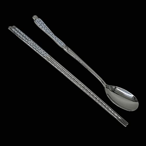 Goryeo Celadon Design Korean Table Sticky Rice Spoon and Chopsticks 430 Stainless Steel Glossy Surface Mukbang Cutlery (White, 5 Sets) - style: White, 5 Sets