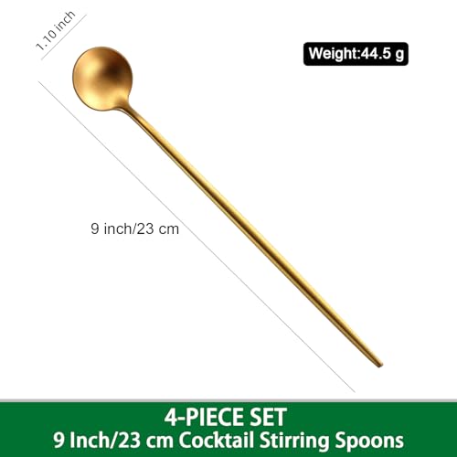 DEHOV Satin Gold 9 Inches Latte Spoon,4 Pieces Stainless Steel 18/10 Iced Tea Spoons Set,Solid Round Handle Coffee Stirring Spoon,Durable Dishwasher Safe Long Handle Sundae Ice Cream Spoons - color: Gold, size: 9 Inch