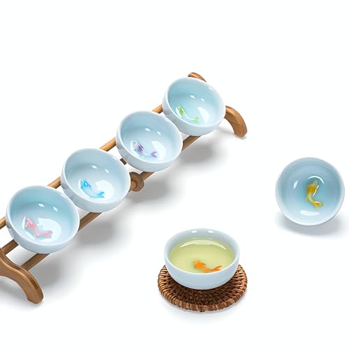 Yixing Handmade Celadon Colorful Koi Fish Teacup(Set of 6),Chinese Gongfu Tea Cup,Japanese Teacup, Korean Soju Shot Glasses Set (Koi Cups)